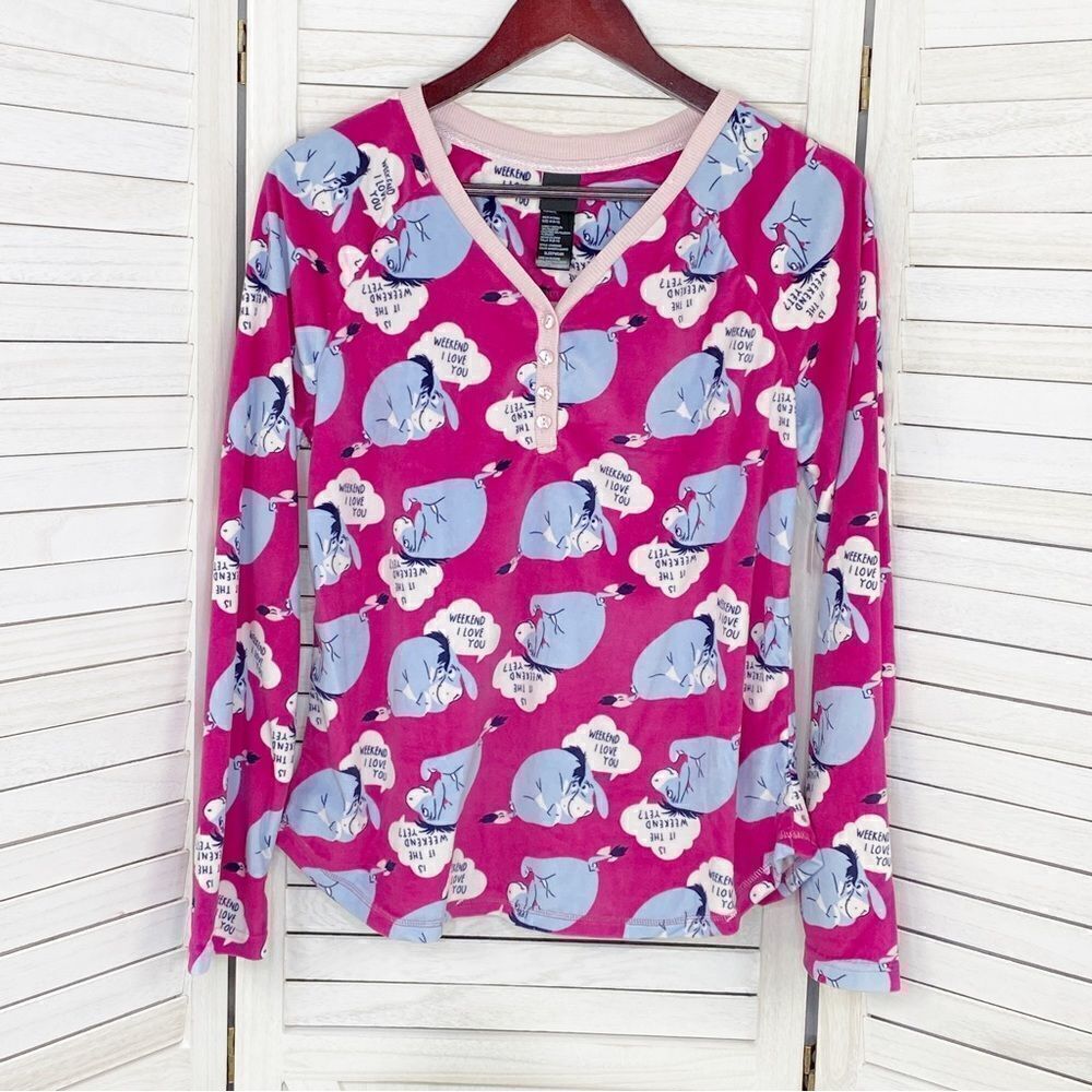 Disney‎ Eeyore Velour Lounge Sleep Shirt Pink Medium Long Sleeve Pullover - Picture 7 of 11